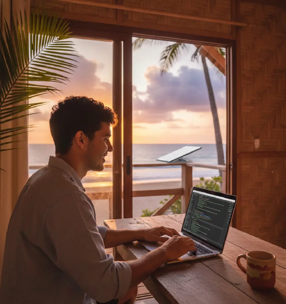 Digital nomad coding with Starlink internet in Puerto Escondido.